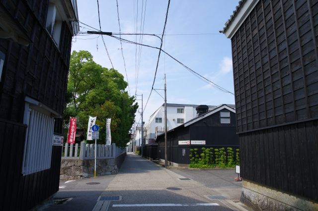 少し北側の交差点、ここも黒い建物の風景。