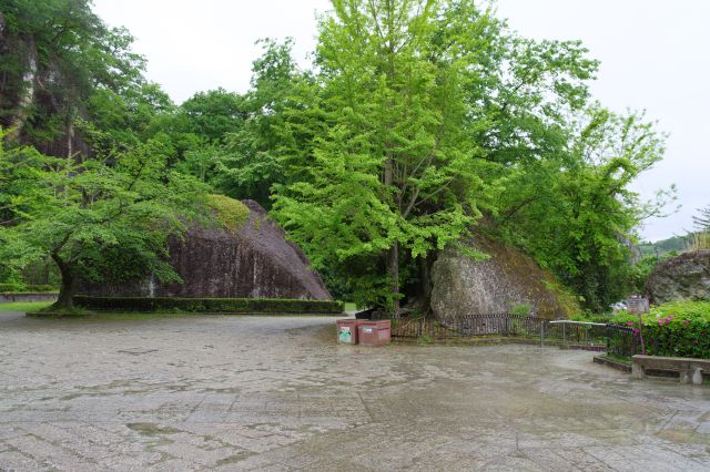 さらに右側、広場に岩と緑。