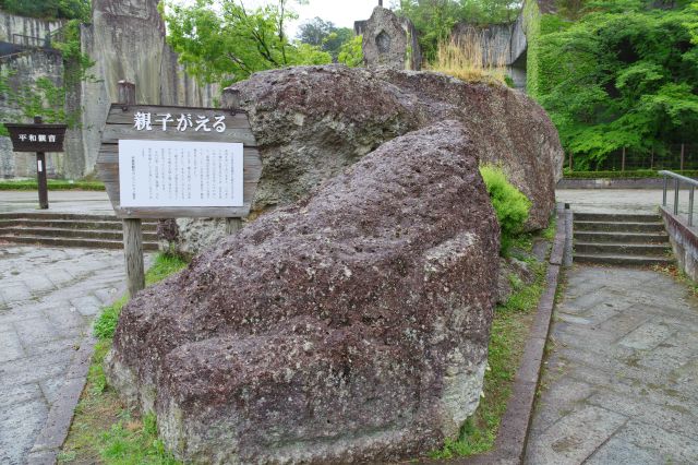 短い階段を下ると親子がえるの岩があります。