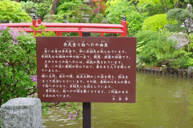 弁天堂と白へびの由来の看板。