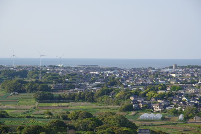 利根川河口部に見られる風力発電所。
