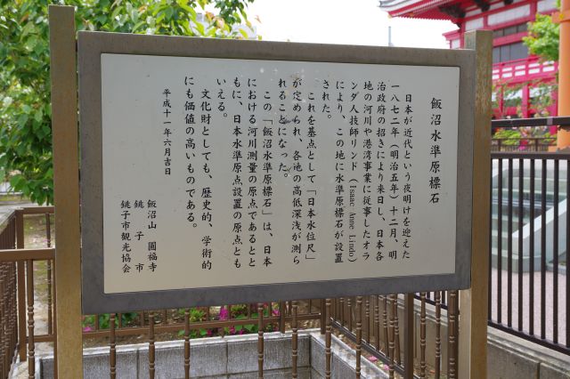 五重塔裏側に飯沼水準原標石の解説。