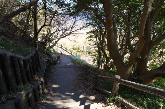 海岸付近へ、左にお手洗いがあります。